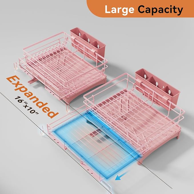 Laveshop Dish Drying Rack - Expandable Rack, Large Capacity Dish Drainer for Kitchen Counter, Rust-Proof with Utensil Holder, Pink