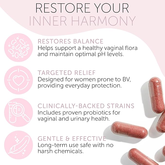 Bacterial Vaginosis Treatment for Women | Natural Homeopathic Supplement for Odor, Itching, Discharge, BV, and Vaginal Microbiota Imbalance | 60 Capsules for pH Balance and Daily Support