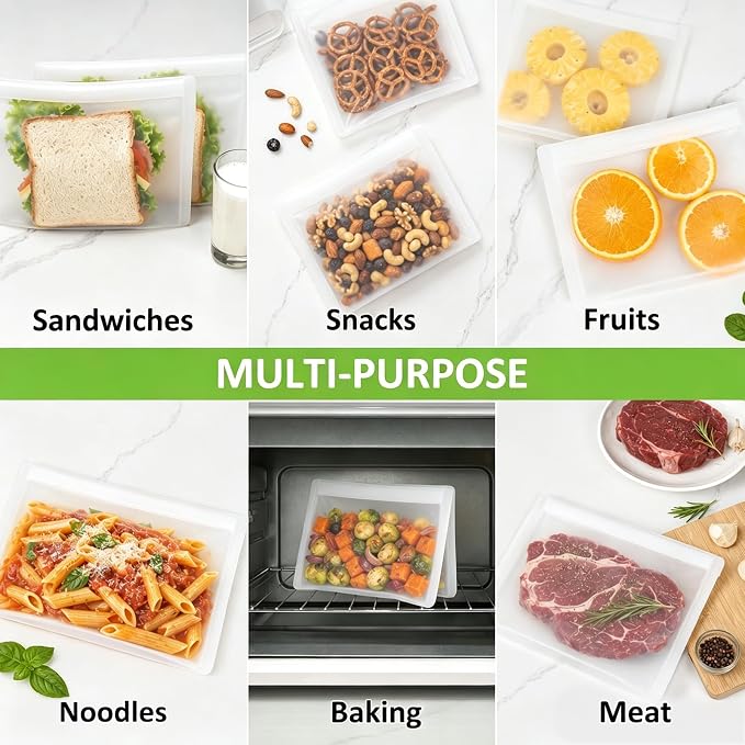 Reusable Sandwich Bags & Snack Bags Set, 8 Pack, 100% Silicone Reusable Storage Bag, Soft Shell Ziplock Silicone Food Storage Containers, Freezer Microwave Oven Dishwasher Safe, Translucent