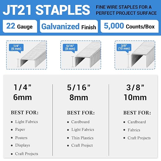 meite JT21 Staples, 3/8 Inch Galvanized Fine Wire Staples for Staple Gun - 5,000 Counts, 7/16" Crown JT21 Staple Refill, Ideal for Upholstery, Crafts, Furniture