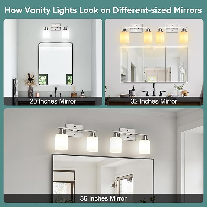 Ascher Bathroom Light Fixtures, 2-Light Vanity Light Over Mirror, Brushed Nickel Wall Sconces with Milky White Frosted Glass Shades, Wall Lamp for Living Room Bedroom, E26 Base(Bulbs Not Included)