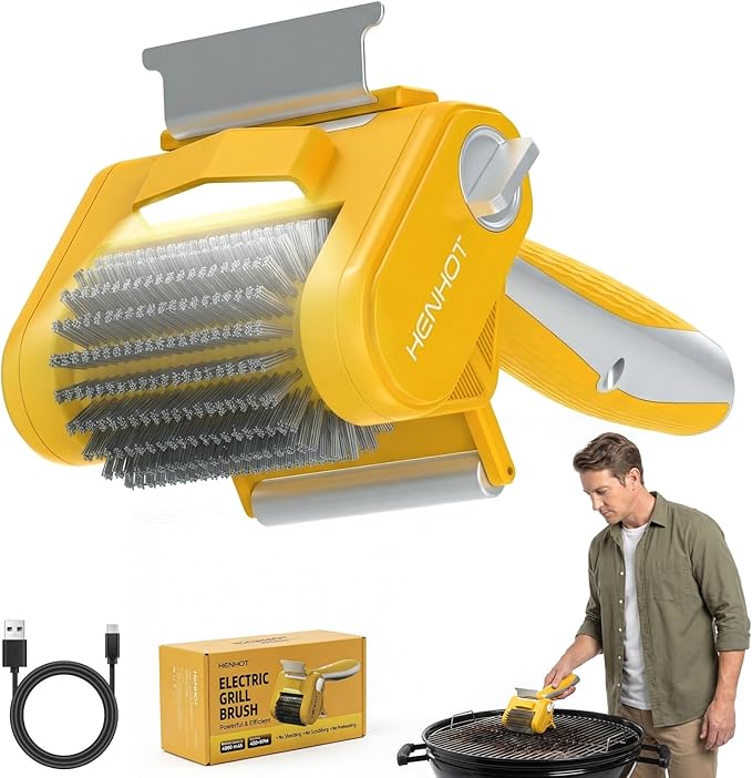 4000mAh Electric Grill Brush with Support Roller for Effortless Cleaning, 3-in-1 Cordless BBQ Cleaner with Scraper, Automatic Grill Brush & LED Light