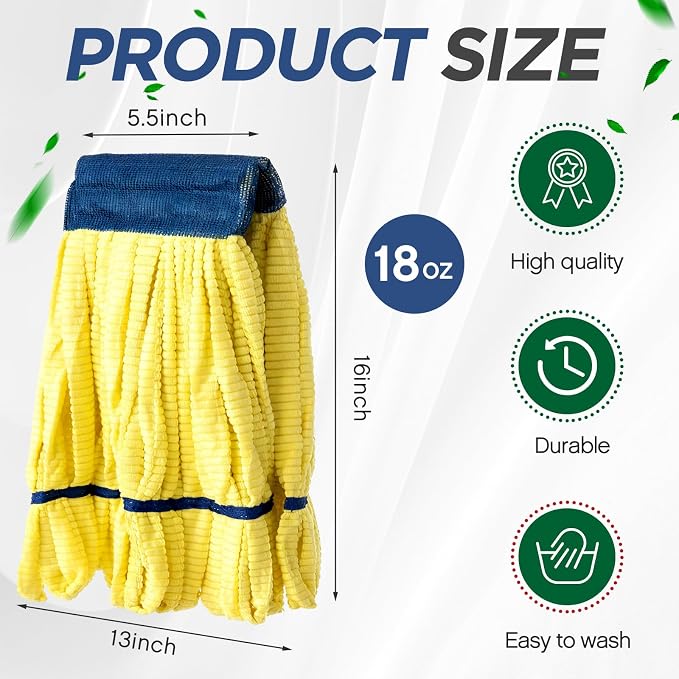 Hushee 6 Pack Large Microfiber Tube Mop Heads 18 oz Heavy Duty Commercial Industrial Wet Mop Head Refill Reusable Machine Washable Looped End Mopheads for Hardwood, Tile, Laminate Floors (Yellow)