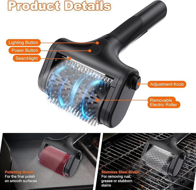 Electric Grill Brush for Outdoor Grill,2600mAh Rechargeable Electric Grill Cleaner with 2-Speed(Max 1000RPM)，2 Replacement Heads and LED Light for Outdoor/Camping BBQ Grates Cleaning Tool (Black)