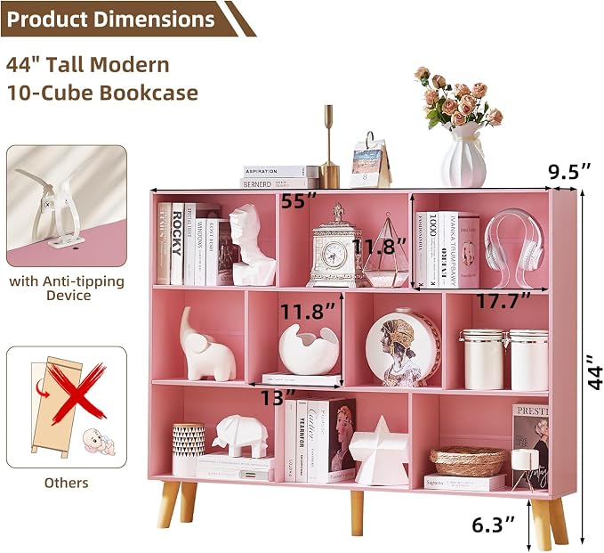 LEYAOYAO 10 Cube Bookshelf,Mid-Century Modern Bookcase with Legs,Light Pink | 3 Tier Book Shelf, 55" Wide Rustic Wood Bookshelves Large Storage Organizer, Open Shelves for Bedroom, Living Room, Office