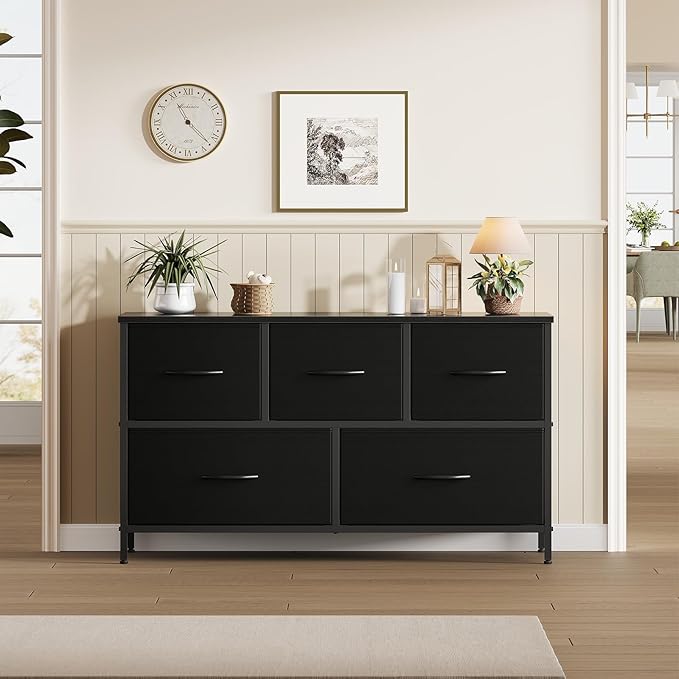 OLIXIS 5 Drawer Black Dresser for Bedroom, Closet Chest Organizer Furniture | TV Stand for Living Room Hallway, Wide Fabric Storage Tower with Wooden Top and Metal Frame