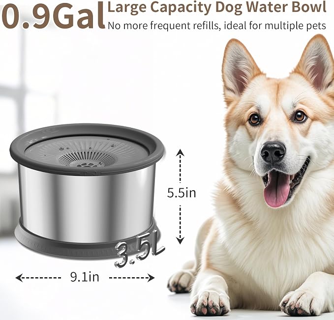 3.5L Dog Water Bowl No Spill 118oz Stainless Steel Water Bowl for Dogs No Splash Slow Water Feeder with Anti-Slip Mat for Messy Drinkers 3.5L+2 Filters