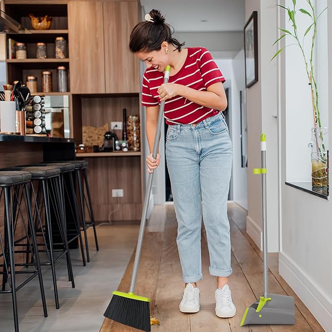 Broom and Dustpan Set with Long Handle 52", Standing Broom and Dust Pan Set for Home Kitchen Room Office Lobby Green