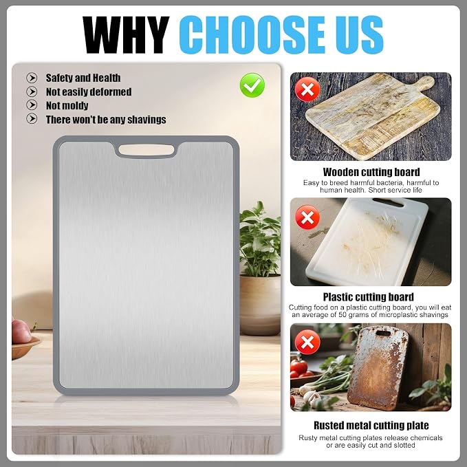 Titanium Cutting Boards for Kitchen,Non-Slip Titanium Cutting Board with Protective Edge Guard & Safe Grip Handle,Double Sided Food Grade,Easy to Clean, Safer, Healthier Choice 15”×11”