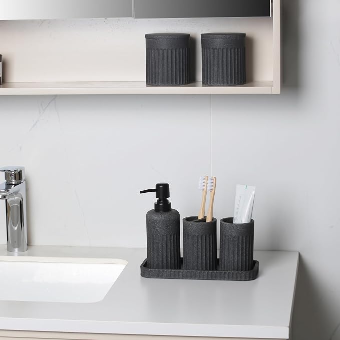 INIUNIK Bathroom Accessory Set - 6 Pieces Bathroom Accessories Set Complete with Soap Dispenser, Toothbrush Holders, Tumbler, Vanity Tray and 2 Qtip Holder for Home Organizer and Decor, Dark Grey