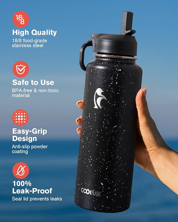 Coolflask Water Bottle 40 oz Insulated with Straw, Stainless Steel Metal 3 Lids Water Flask for Sports or Office, Keep Cold 48H Hot 24H, Starry Night
