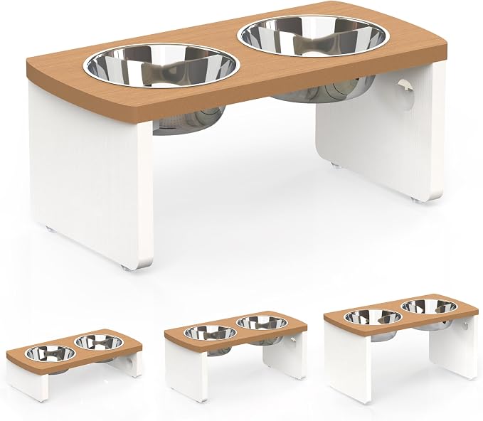 Elevated Dog Bowls, Waterproof Raised Dog Bowl for Medium Dogs, HIPS Poly Lumber Stand with 2 Stainless Steel Bowls, Indoor & Outdoor Use (7'' Tall-40 oz Bowl, Teak - White)
