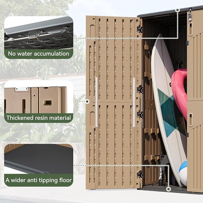 Aoxun Outdoor Storage Shed with 2 Shelves & Floor, 64 Cu.Ft Storage Cabinet | Large Outdoor Waterproof Vertical Resin Shed for Garden Tools, Pool Equipment, Brown