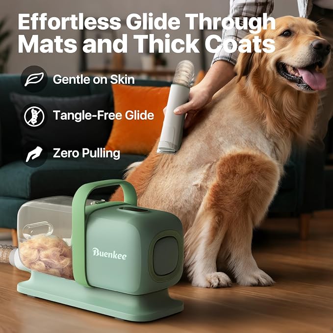 buenkee Dog Grooming Kit with Vacuum, 15000Pa Pet Hair Clipper and Shedding Brush, 2L Capacity, Green