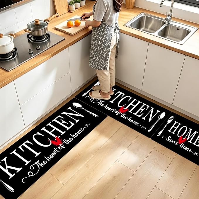 Kitchen Rugs Set 3 Piece, Non Slip Kitchen Mats for Floor, Soft Fabric with Rubber Backing, Farmhouse Anti Fatigue Runners Carpet for Home Kitchen Laundry Room Hallway (Black)