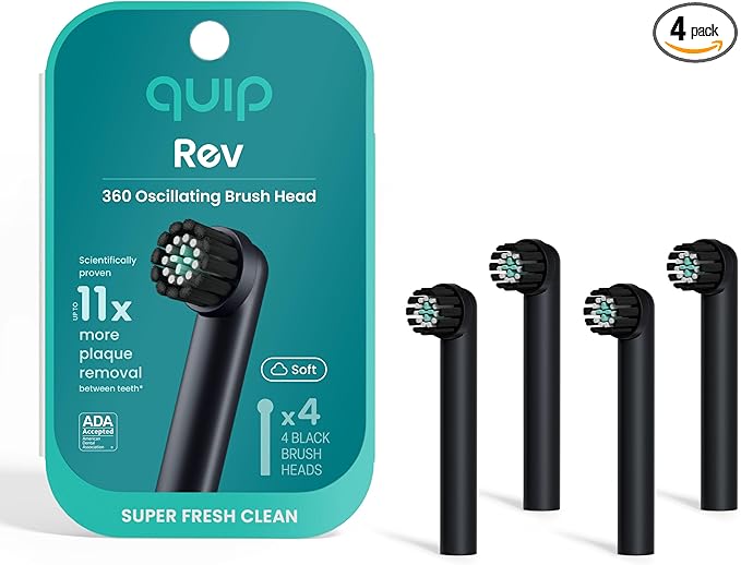 quip Rev Oscillating Electric Toothbrush Heads - 4 Pack - Verified quip Brush Head Refills for Oscillating Toothbrushes - Soft Bristles, Dual-Length, Compact - Last 3 Months Each - Black