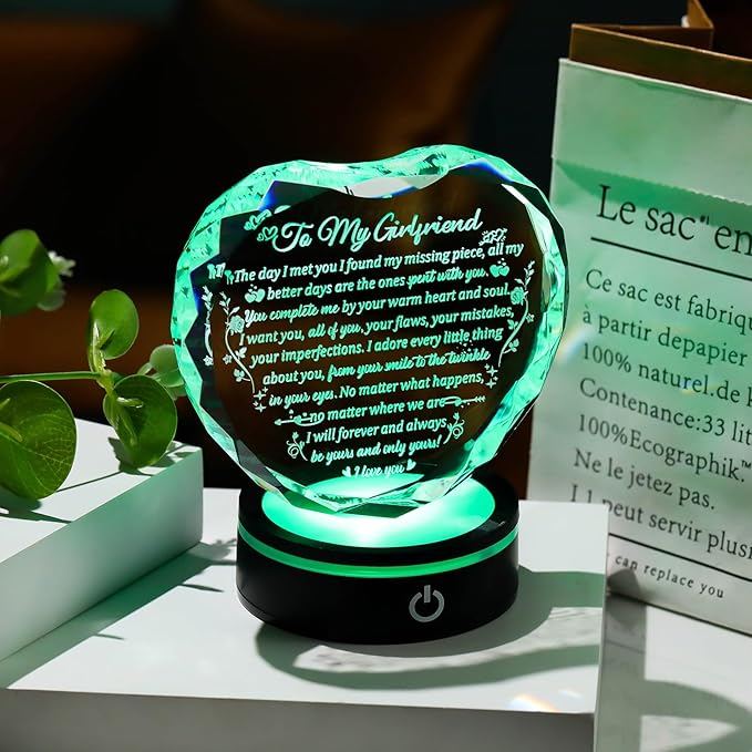 Crystal Heart Gifts for Girlfriend from Boyfriend with Colorful LED Base, Personalized Gift for Her Who Has Everything on Birthday Valentine's Day, Romantic Anniversary Christmas Gift Ideas to My Girl