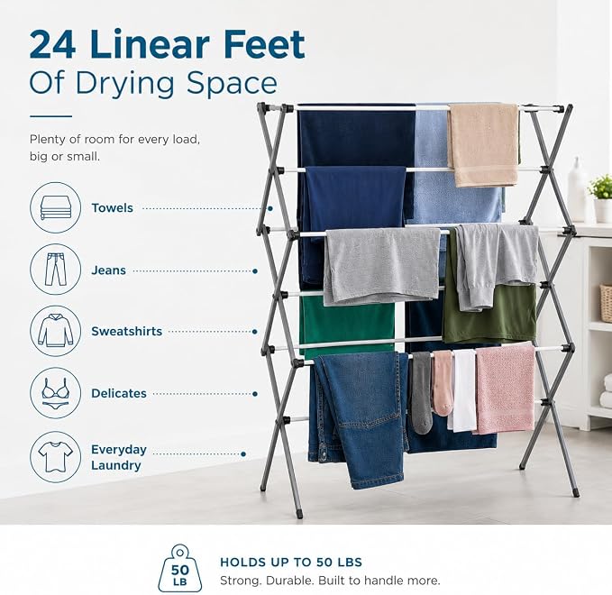 Honey-Can-Do 6-Tier Collapsible Clothes Drying Rack, 30", White | Accordion frame opens to 6 tiers with 24 ft of drying space, then folds flat to 3 in. Rust-resistant coated steel.
