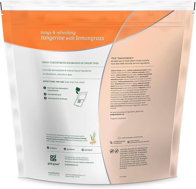 Grab Green Dishwasher Pods, 132 Count, Tangerine Lemongrass | Plant & mineral based; Enzyme-powered; Velcro Closure; No Harsh Chemicals; Removes Grease and Stuck on Food