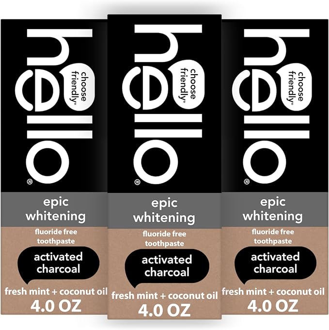 hello Epic Whitening Activated Charcoal Fluoride Free Toothpaste, 3Pk, 4 oz | Black Paste with Fresh Mint and Coconut Oil, Whitens Teeth Naturally, Enamel Safe, Vegan, SLS Free, Dye Free