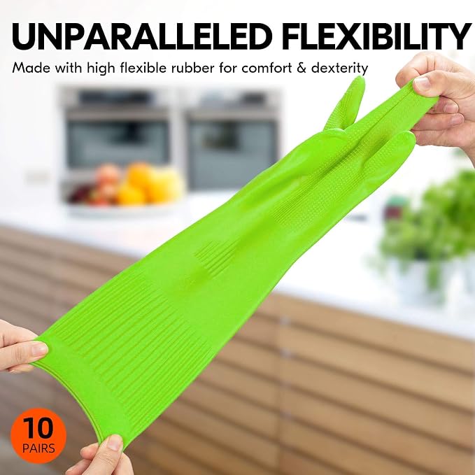 Vgo... 10-Pairs Dishwashing Gloves, Reusable Household Gloves, Long Sleeve, Thick Latex, Cleaning, Washing, Working, Painting, Gardening, Pet Care (Size L, Green, RB2143)