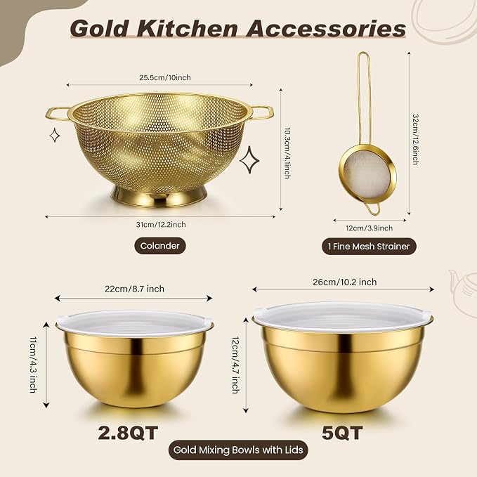LemonRoad Gold Kitchen Accessories Set Includes 4 Quart Stainless Steel Colander, 3 Qt 5 Qt Gold Mixing Bowls with Airtight Lids, 1 Set Stainless Steel Measuring Cups and Spoons and Fine Mesh Strainer