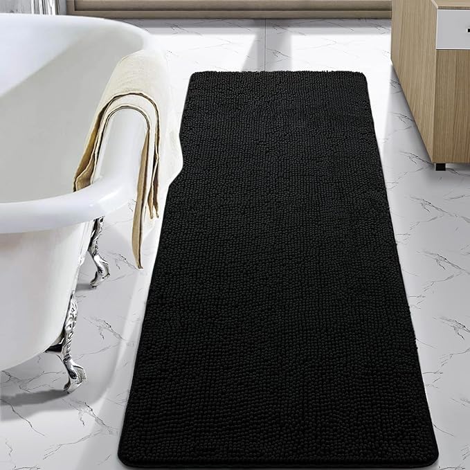 LOCHAS Luxury Bathroom Rug Shaggy Bath Mat 24 x 48 Inch, Black | Washable Non Slip Bath Rugs for Bathroom Shower, Soft Plush Chenille Absorbent Carpets