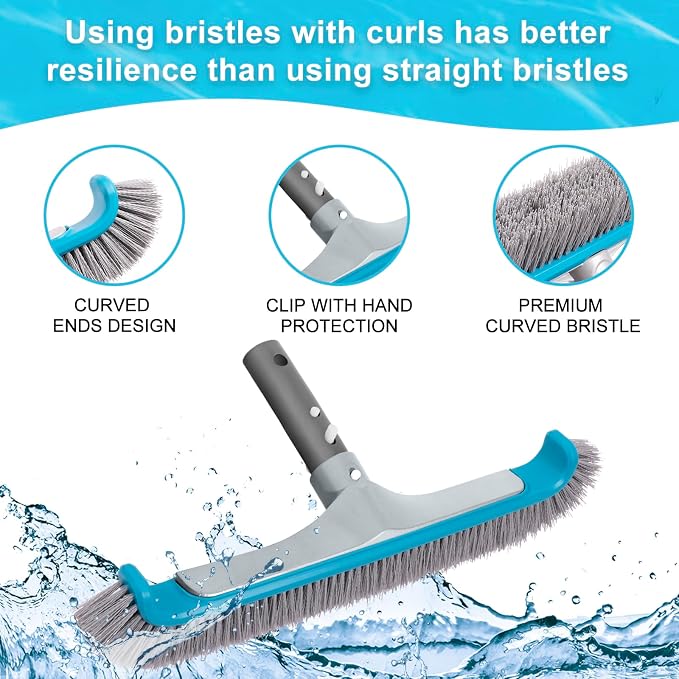 Sepetrel 4-Piece Pool Cleaning Kit, 17.5" Curved Wall Brush, Rotatable Hand Scrubber, Deep Bag Leaf Rake and Flat Skimmer Net (Pole Not Included) for Above Ground and Inground Pools