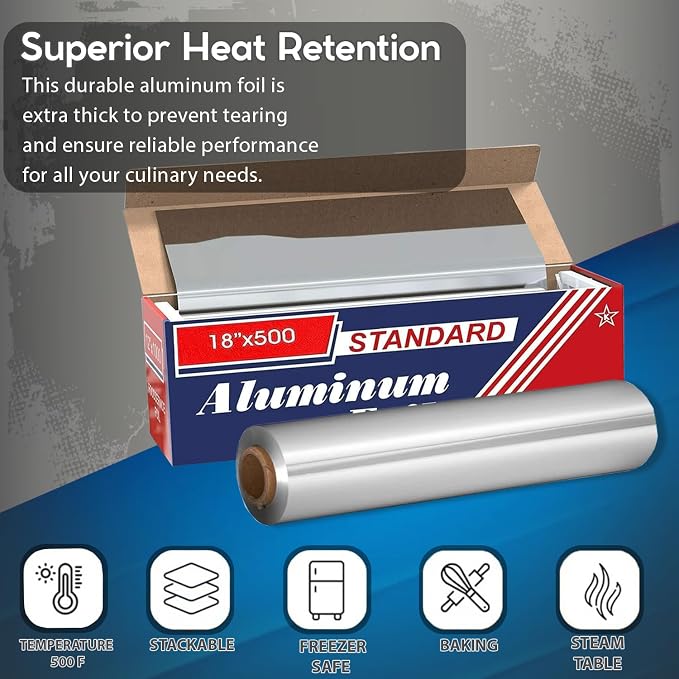 18" x 500" (4 Pack) Standard Aluminum Foil Roll - Food Service Heavy Duty Aluminum Foil Roll - Commercial Grade Disposable Foil for Food Service Industry and Home Use