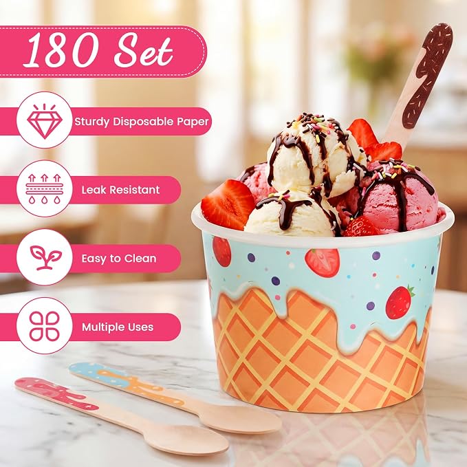 Nuogo 360 Pcs 180 Sets Ice Cream Cups with Spoons Bulk 9.5 oz Disposable Paper Ice Cream Bowls Colorful Dessert Cups Containers for Yogurt Sundae Bar Supplies Summer Gatherings Birthday Party