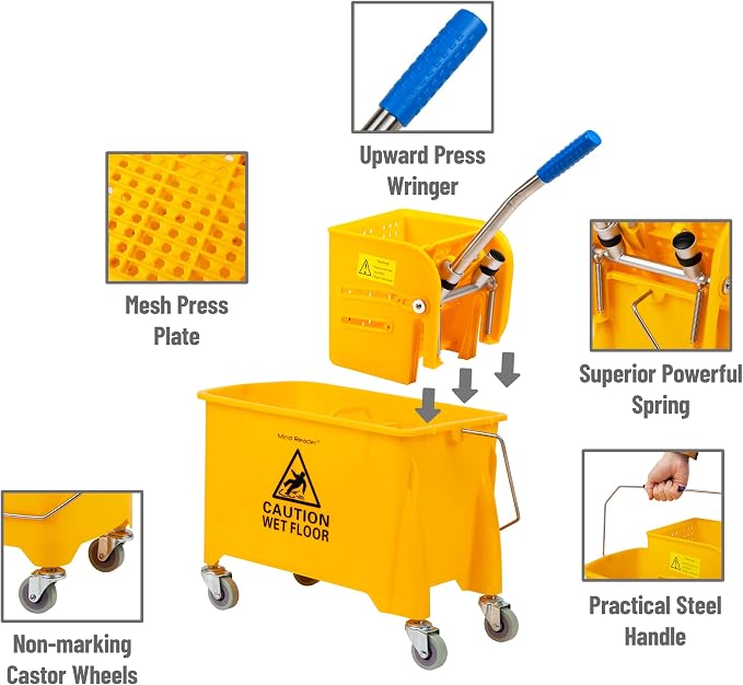 Mind Reader Mop Bucket with Wringer (Mop Not Included), 5.5 Gallon Cleaning Bucket with Wheels and Handle, Upward Press Wringer, Small Mop Compatible, Yellow