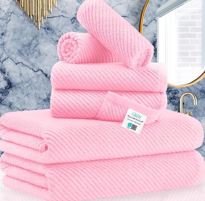 VOOVA & MOVAS 6PC Towel Set, 100% Cotton, Pink | 2 Large Bath 30x56 In, 2 Hand 18x28 In, 2 Washcloths 13x13 In, Soft, Quick Dry, Thick, Luxury Towel Gift Set