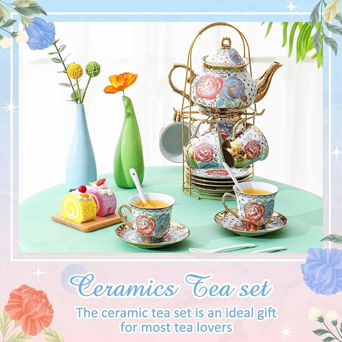 Zhehao 20 Pcs Porcelain Tea Set with Metal Holder and Spoon Adult Ceramic Tea Set European Flower Painting Teapot Cup Saucer Spoon for Women Mom Gift, Large Version (Romantic Style)
