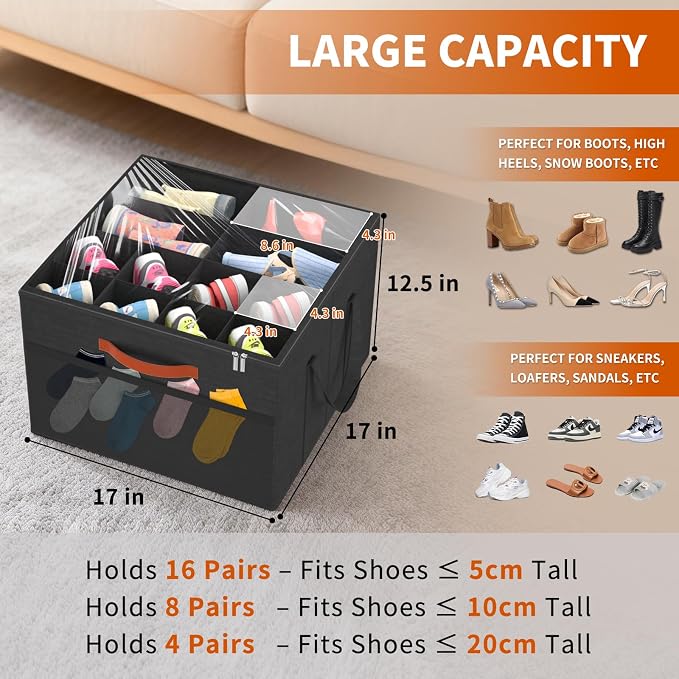 Aokeyee 2 Pack Shoe Organizer for Closet, Stackable Shoe Storage Box, Black | Fits up to 32 Pairs, Space Saving, Foldable, Shoes Organizer Bin with Clear Cover, 4 Reinforced Handles