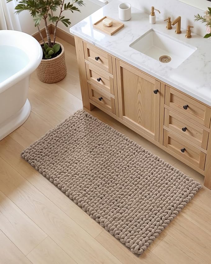 DEXI Bathroom Rugs 43x24, Non Slip Washable Bath Mat, Luxury Chenille Super Absorbent Ultra Thick Bathmats for Shower Floor, Plush Fluffy Shaggy Carpet for Tub, Taupe