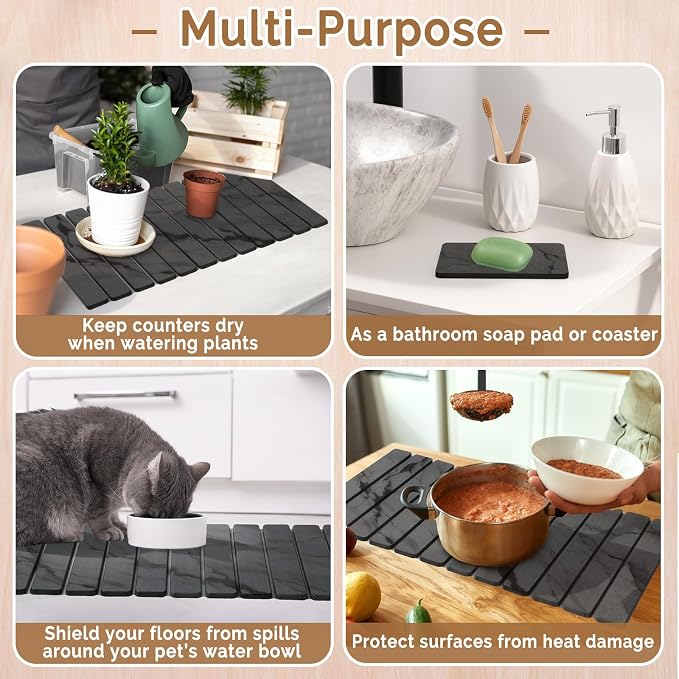Extra Large Stone Dish Drying Mat for Kitchen Counter, Quick Dry Stone Dishes Mats, Foldable Water Absorbing Diatomaceous Drying Pad for Countertop Bottles Utensils Cups Bathroom(Dark Gray 32"×16"）