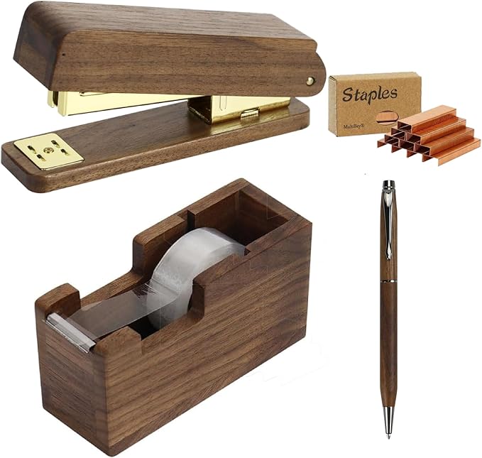 MultiBey Walnut 3-Piece Wooden Desk Organizer Set - North American Walnut Stapler, Wood Tape Dispenser, Wooden Pen, 1000pcs Rose Gold Staples and Tape, for Elegant Home Office Desk