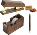 MultiBey Walnut 3-Piece Wooden Desk Organizer Set - North American Walnut Stapler, Wood Tape Dispenser, Wooden Pen, 1000pcs Rose Gold Staples and Tape, for Elegant Home Office Desk