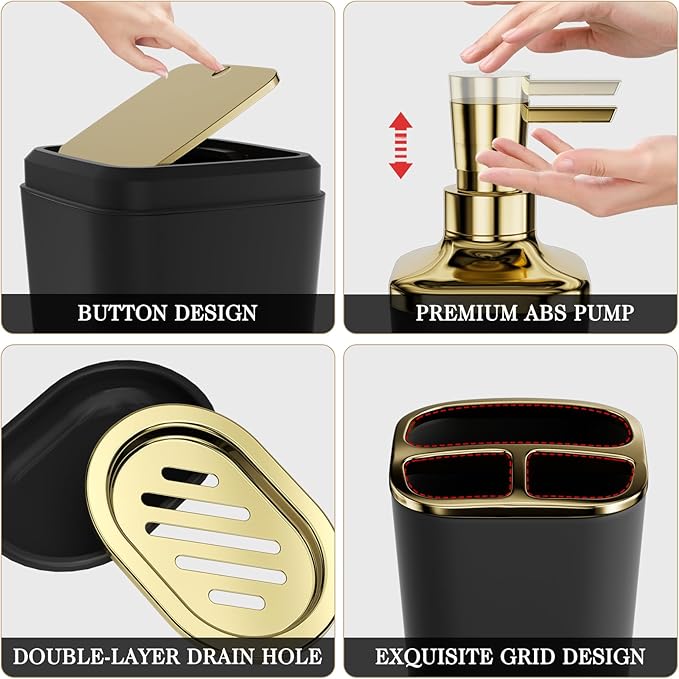 XLHOMO Bathroom Accessories Set - 25PC Bathroom Set with Shower Curtain and Rugs, Black Bathroom Set, Bathroom Accessory Set with Press-on Lid Trash Can, Soap Dispenser and Qtip Holders