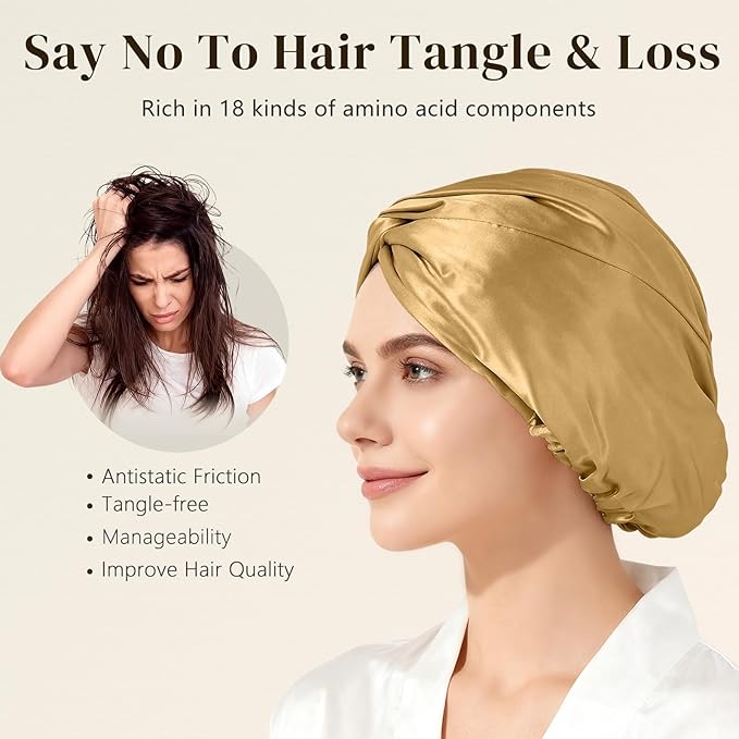 ZIMASILK 100% 22 Momme Mulberry Silk Bonnet for Sleeping Women, Breathable Silk Hair Wrap for Premium Hair Protection - Reducing Friction (1Pc, Gold)