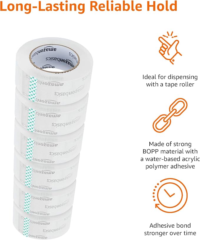Amazon Basics Packing Tape, Strong & Durable for Moving, Storage, Shipping, Mailing and Sealing, Crystal Clear, 1.88" x 109 Yards, 12-Pack