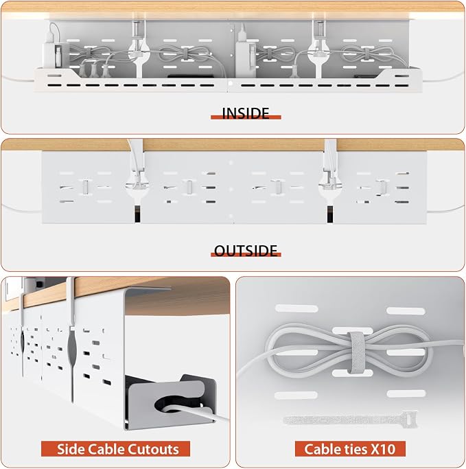 Univivi Under Desk Cable Management Tray - 32" Steel Cord Organizer, No-Drill C-Clamp & Screw Mount for Office/Home, Effortless Wire Management (White)