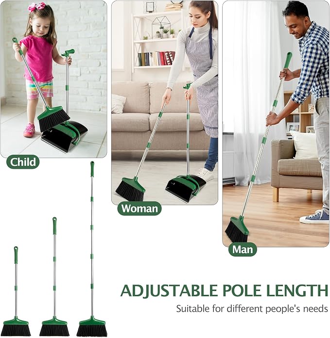 Broom and Dustpan Set with Long Handle, Light Weight Stainless Steel Poles Stand Upright Dustpans with Broom Combo for Home Kitchen Office Pet Dog Hair, 1-Pack(Black Green)