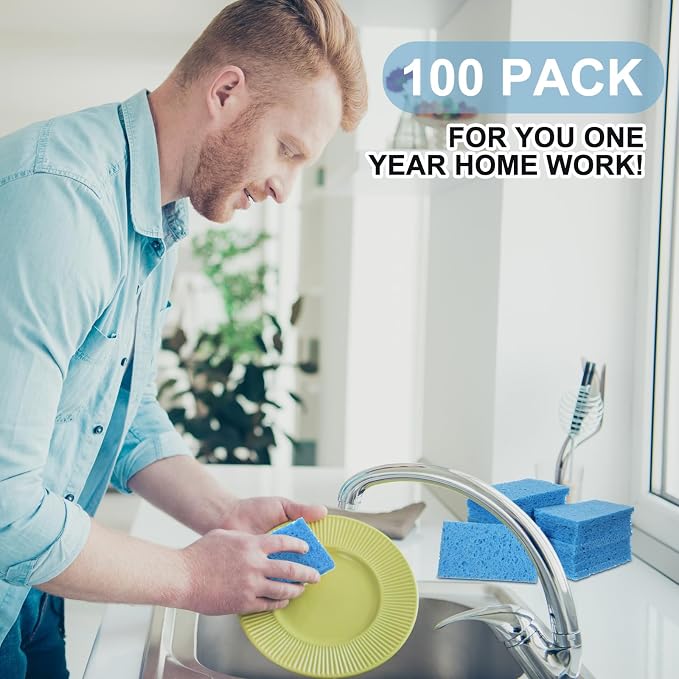 Zhengmy 100 Pieces Sponges Bulk Sponges Kitchen Compressed Sponge Natural Dish Sponge Compressed Wood Pulp Cleaning Without Scratching for Kitchen Bathroom, 3.9 x 2.4 x 0.12 Inch (Blue)