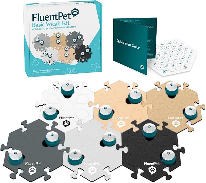 FluentPet Speak Up Key Vocab Kit with Clearer Upward-Facing Sound - 12 Recordable Buttons for Dogs & 6 Neutral HexTiles | Dog & Cat Communication Buttons Set | with Batteries