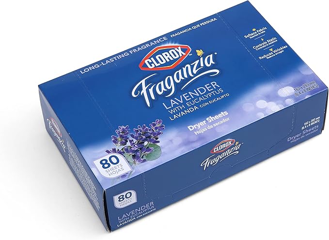 Clorox Fraganzia Fabric Softener Dryer Sheets Wrinkle Reducing Anti Static Laundry Dryer Sheets Great Smelling Clothes Softens Fabrics Lavender with Eucalyptus Scent 80 Count Home Dorm Laundry Room
