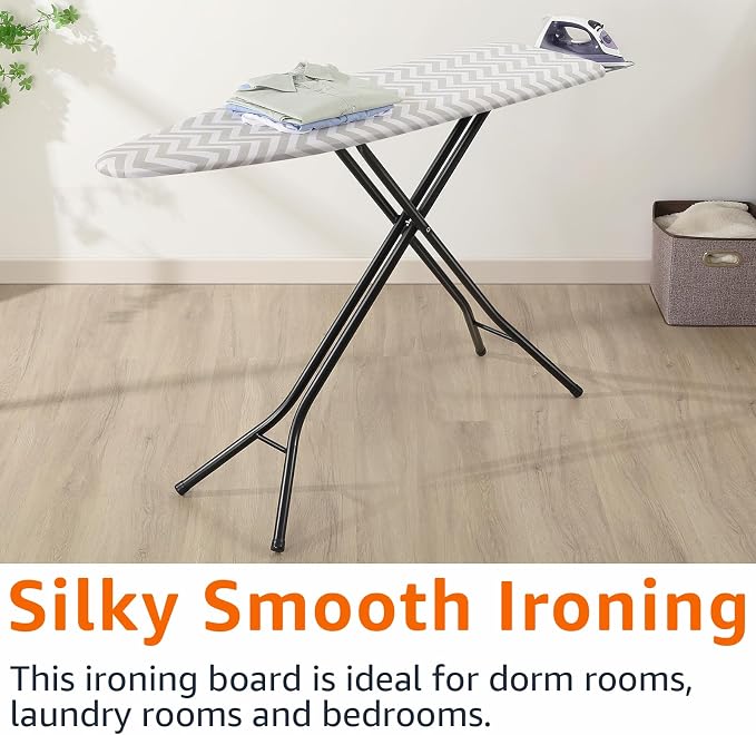Amazon Basics Height Adjustable Full-Size Foldable Ironing Board, 4-Leg Fold-Up, Chevron Removable Cover, 60" x 14" x 38"