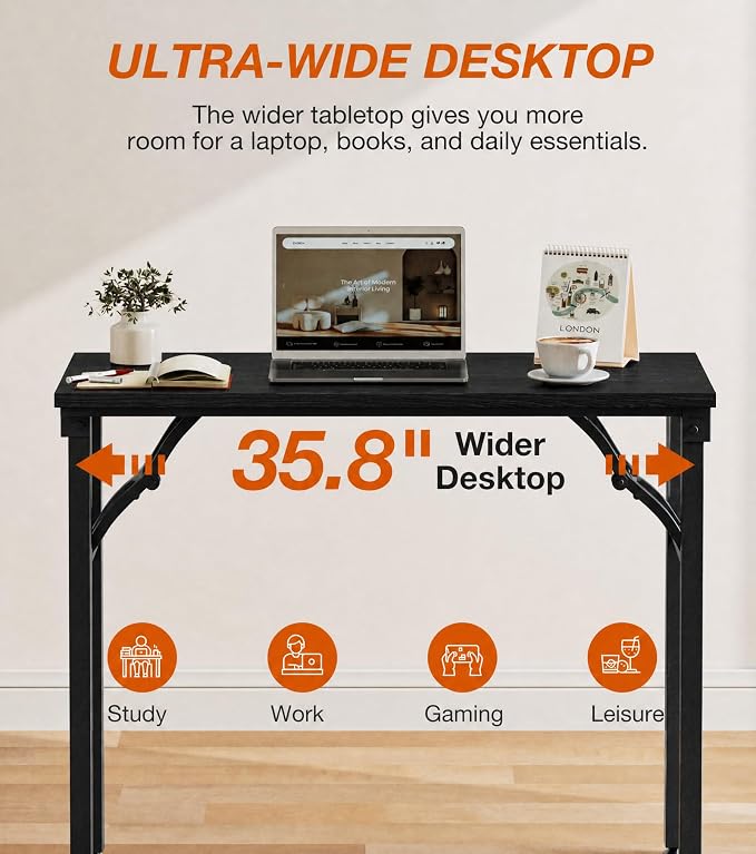 XBurmo Folding Desk Foldable Table, No Assembly 35.8" Foldable Desk Space-Saving Workstation for Small Space, Computer Table, Flat Storage for Home Office, Bedroom, Dorm, Study Room, Dark Oak