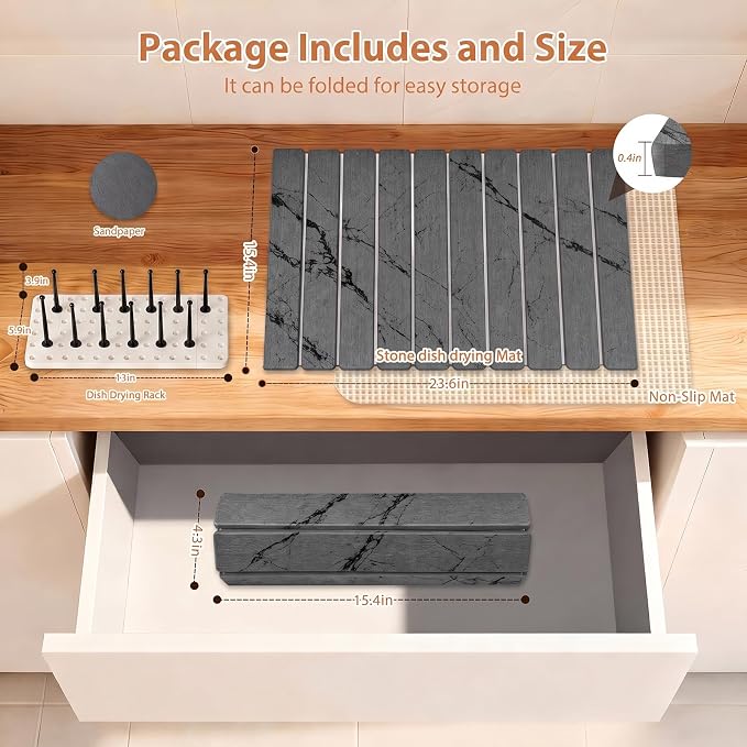 Stone Drying Mat for Kitchen Counter (24”x16”) with Dish Rack | Quick Dry Diatomaceous Earth Dish Mat– Foldable Water Absorbing Drying Organizer Pad for Countertop Plate Bottles Cups(Dark)