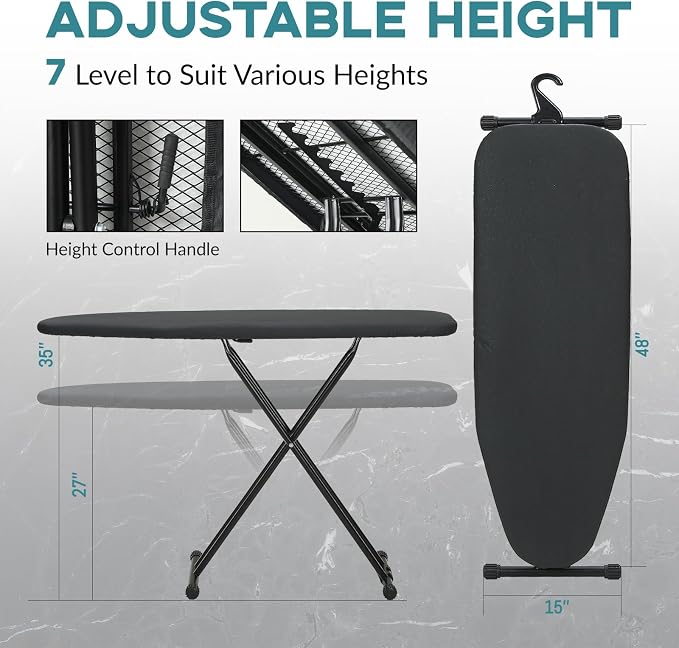 RAINHOL Ironing Board 48x15, Wide Heavy Duty Full Size Ironing Board, Sturdy Iron Table with Smart Hanger, Heat-Resistant Silicone Pad Iron Rest, Black